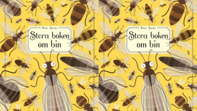 En bild på bokens omslag. Omslaget är gult med fullt av teckande bin. Bina ser olika ut, en del är randiga och andra är helbruna. Några är tjocka och några är smala. Alla har tunna vingar och långa antenner.
