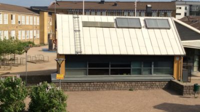 Bild på skolgård med buskar, hus och grus.