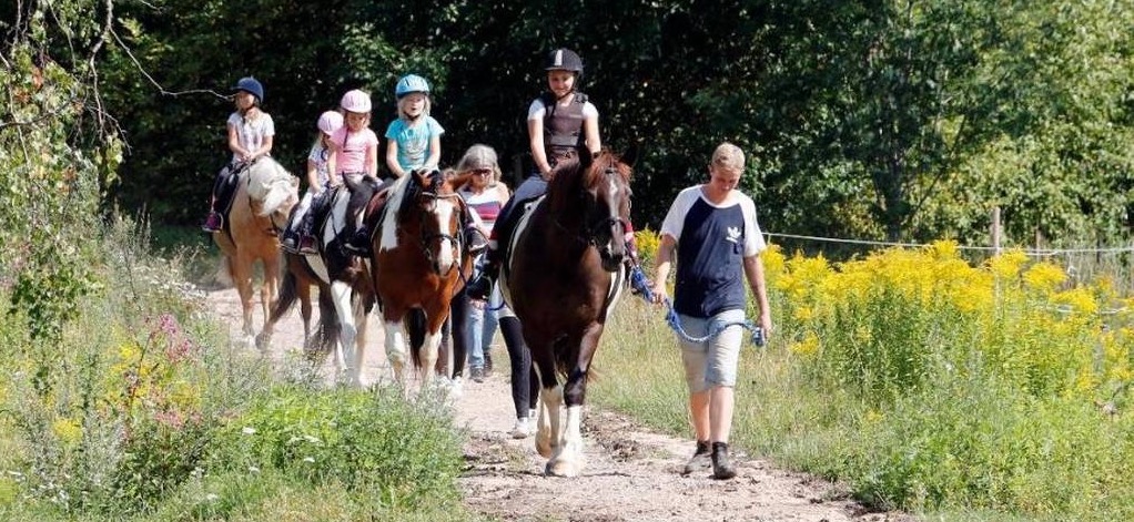 Fyra hästar går på led med barn som rider dem. Två vuxna leder hästarna.