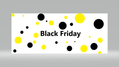 Stor svart text säger Black Friday med gula och svarta cirklar runtomkring texten