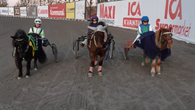 Vinnarna i ponnytravet står i rad på travbanan
