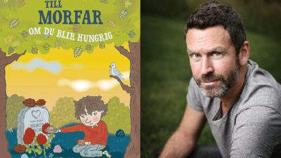 En bild på omslaget och en bild på författaren. På omslaget sitter Elliot vid en gravsten och lägger mat där. Författaren är ungefär 45 år. Han har kort år, skägg och sitter på en gräsmatta.