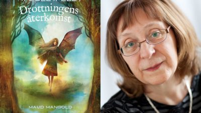 En bild på bokens omslag och en på författaren. På bokomslaget flyger ängeln Hilja mellan två stora träd. Författaren är ungefär 60 år, har hår som går ner till axlarna och glasögon. Hon ser snäll ut.