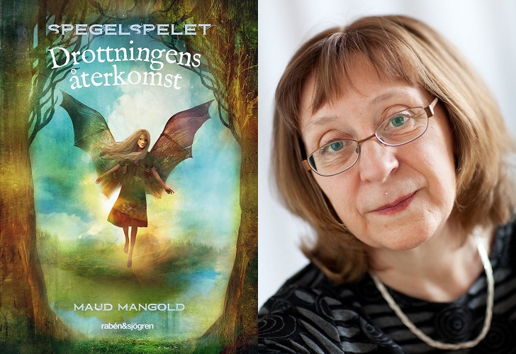 En bild på bokens omslag och en på författaren. På bokomslaget flyger ängeln Hilja mellan två stora träd. Författaren är ungefär 60 år, har hår som går ner till axlarna och glasögon. Hon ser snäll ut.