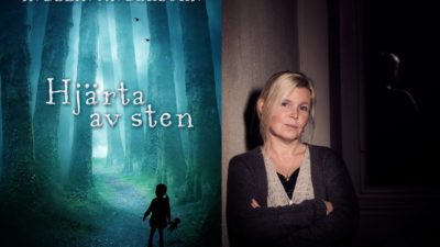 Författaren Ingelin Angerborn står bredvid sin bok "hjärta av sten"