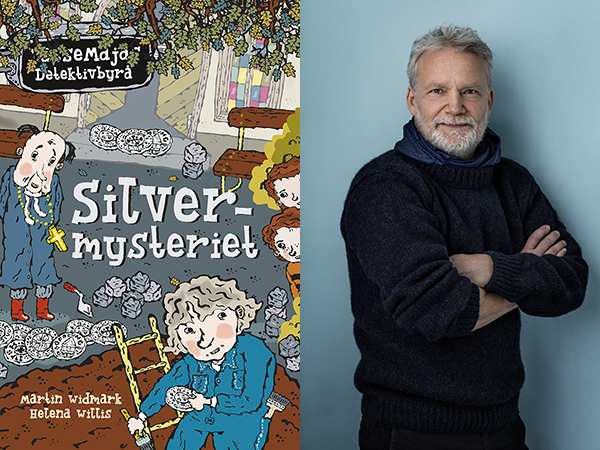 Martin Widmark och omslaget till boken Silvermysteriet.