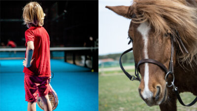 En pojke som spelar padel och en islandshäst